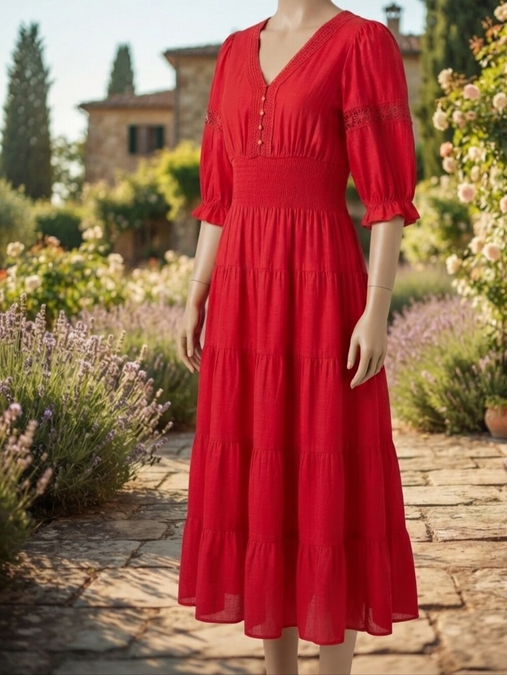 Kings Road Red Boho Tiered Midi Dress Smocked Waist Size Small Cottagecore